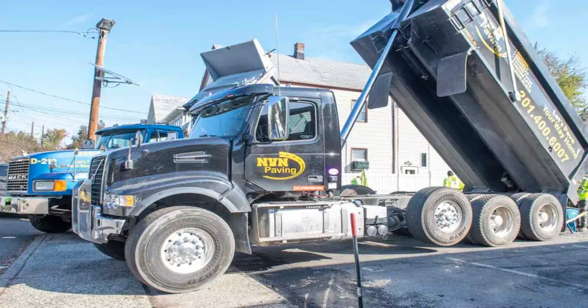 An NVN Paving truck hauling construction material in New Jersey